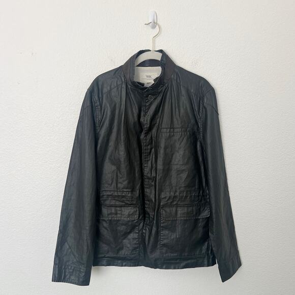 [WRK] Work.Rest.Karma Dark Brown Coated Linen Cargo Bush Coat Jacket Sz Medium M - Picture 1 of 12